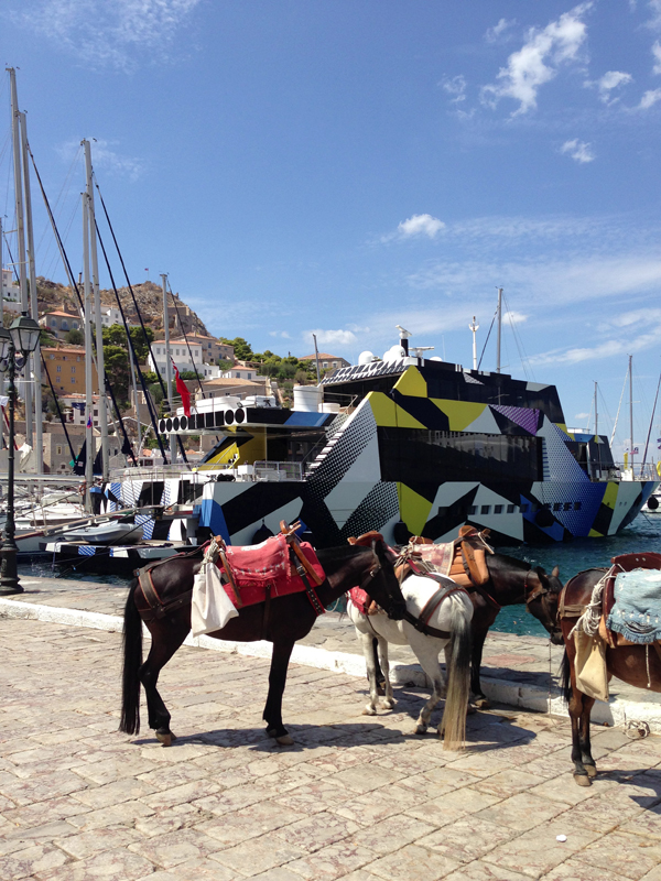 Art boat (called Guilty) at the port of hydra.