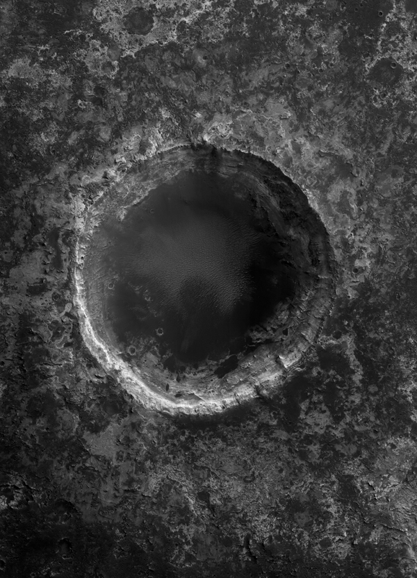 "Crater Having Impaced the Strata of the Plateau Mawrth Vallis", LAT: 24.3° LONG: 340.7°. 