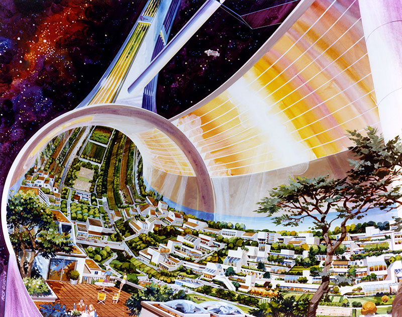 Cutaway view of the toroidal colony. Artwork by Rick Guidice; NASA Ames Research Center