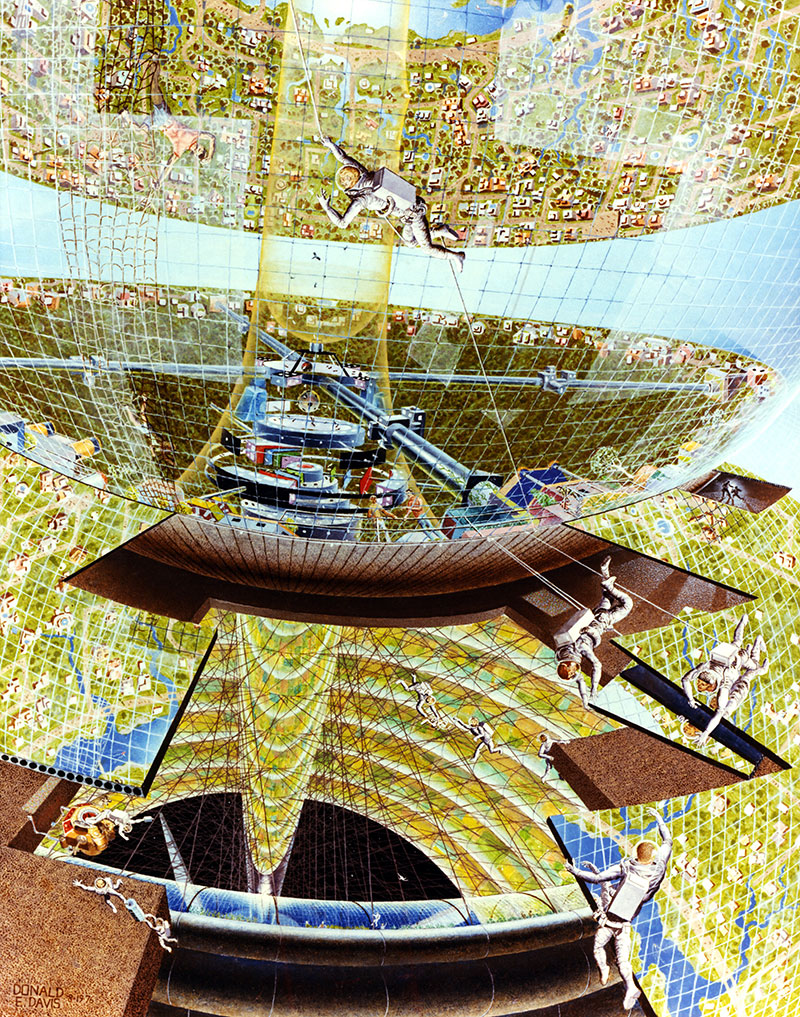 A construction crew at work on the Bernal colony. Artwork by Don Davis; NASA Ames Research Center