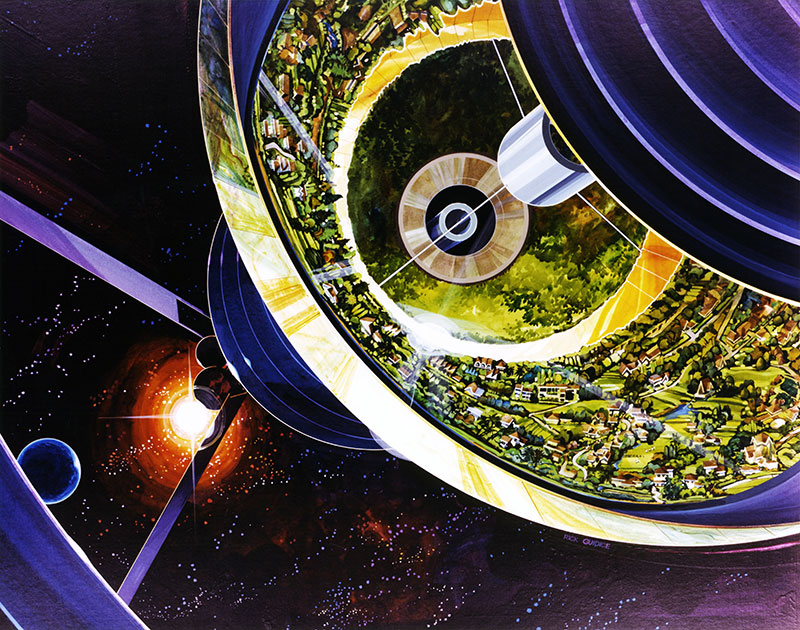 A cutaway view of the Bernal colony. Artwork by Rick Guidice; NASA Ames Research Center