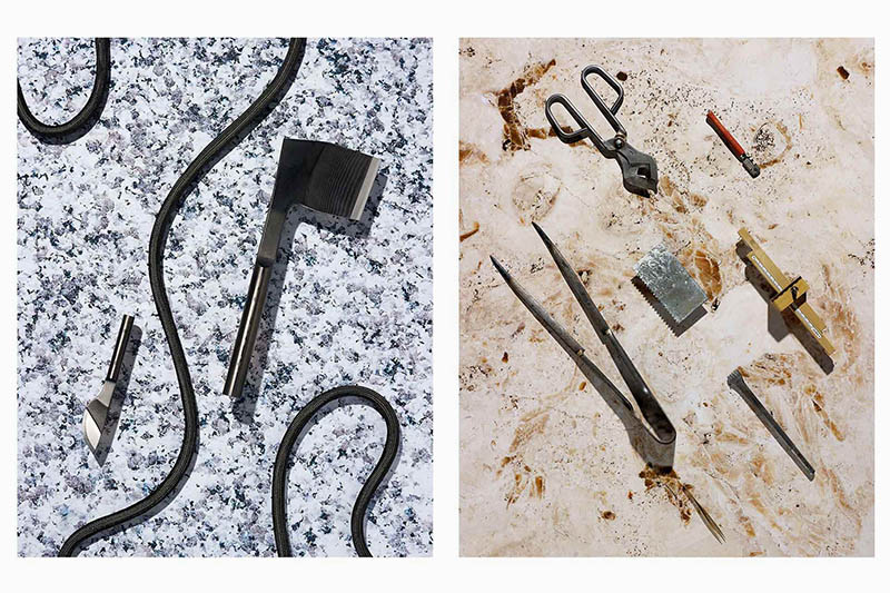 Left: Le Nouvel Âge (axe, knife, & rope) made of milled carbon sheets and stainless steel. Designed by ECAL/Rodrigo Caula, realized by composite materials specialist Bertrand Cardis. Right: Artisanal tools. Photos by Jonas Marguet.