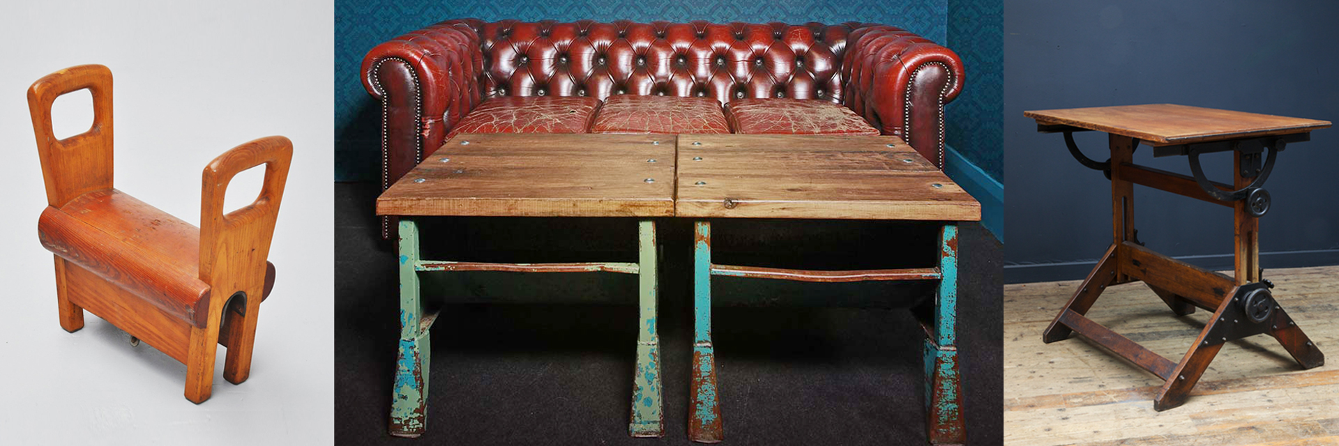Cheval d’Arçons, 1950s, par Mass Modern Design ; Canapé Chesterfield et Table de Rangement Industrielle ; Table d’Architecte, 1890s, par Drew Pritchard