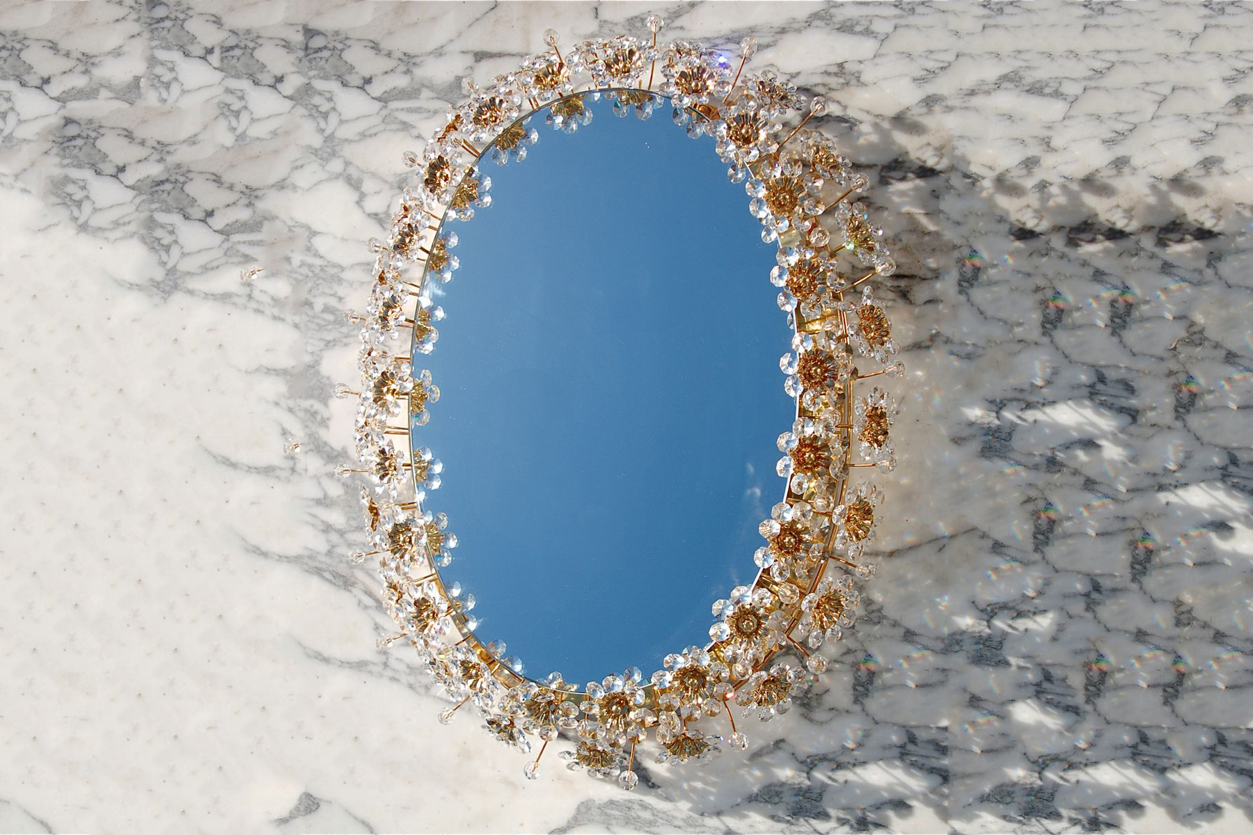 Oval Backlit Mirror with Crystal Flowers from Palwa, 1960s