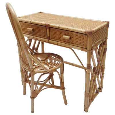 Rattan Desk Or Vanity Table With Drawer Chair Set Italy 1970s For At Pamono Rattan Desk Or Vanity Table With Drawer, Vintage Wicker Vanity Set