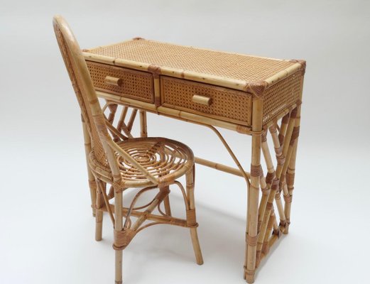 Rattan Desk Or Vanity Table With Drawer, Vintage Wicker Vanity Set