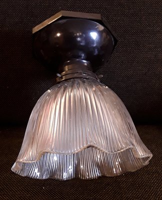 Antique Flat Ceiling Lamp with Ribbed Glass Shade and Brown