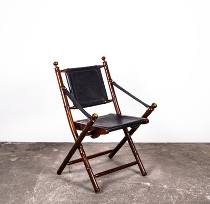 Folding Chair In Mahogany Faux Bamboo, Leather Camp Chair