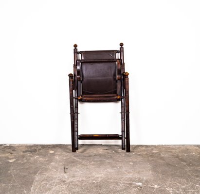 Folding Chair in Mahogany, Faux Bamboo, Leather and Brass, 1960s