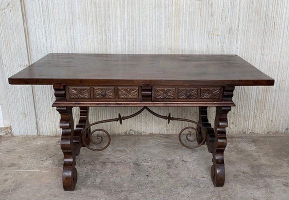 19th Century Walnut and Wrought Iron Desk with Two Drawers and