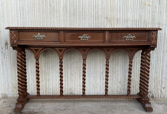 Spanish Tuscan Console Table with Three Drawers and Solomonic