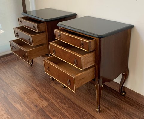 20th French Walnut Nightstands with 3 Drawers and Black Marble Top