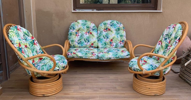 Mid-Century Modern Italian Bamboo Rotative Armchairs with Cushions, Set of for sale at Pamono