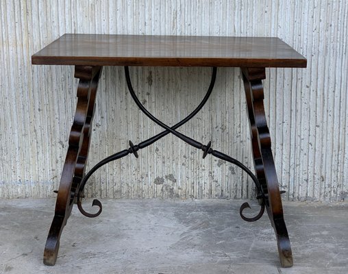 19th Century Spanish Side Table with Hand Carved Lyre Leg Iron Stretcher for sale at Pamono