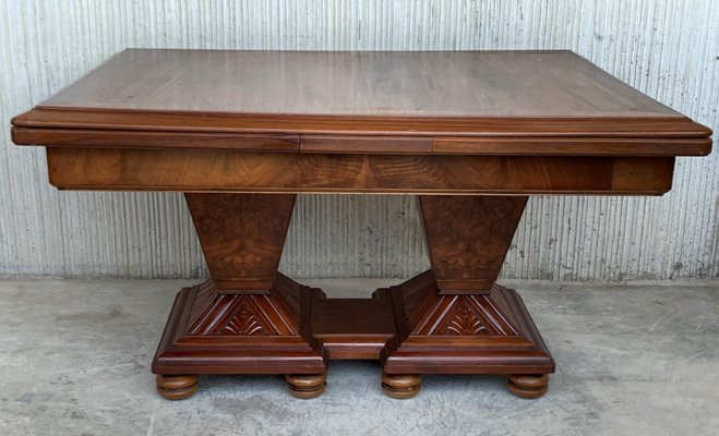 Beg Pouch Accepted Art Deco Square & Extendable Burl Walnut Dining Table with 2 Pedestals for  sale at Pamono