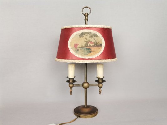 Vintage Regency Red Satin and Brass Table Lamp, 1940s