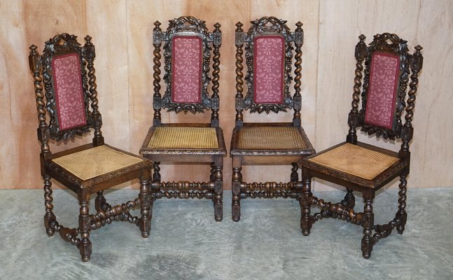 Antique Victorian English Carved Oak Dining Chairs 1860s Set of