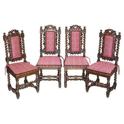 Antique Victorian English Carved Oak Dining Chairs 1860s Set of 4