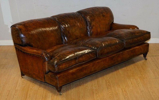 Fully Red Hand Dyed Leather Sofa, Brown Worn Leather Sofa