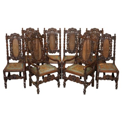 Carved Jacobean Throne Dining Chairs, Leather Seat Dining Chairs