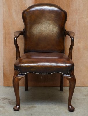 Victorian Walnut Hand Dyed Brown, Leather Dining Chairs With Casters