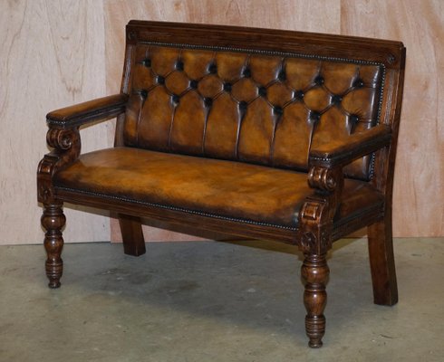 Vintage Chesterfield Hand Dyed Whisky, Tan Leather Hallway Bench