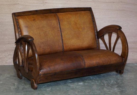 Art Deco French Brown Oak Saddle Leather Sofa Armchairs Set Of 3 For At Pamono Art Deco French Brown Oak Saddle, Art Deco Leather Sofa