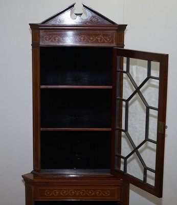Antique Dutch Sheraton Astral Glazed Inlaid Corner Bookcase