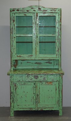 Victorian Hand-Painted Distressed Green Dresser Bookcase or Kitchen  Cupboard for sale at Pamono