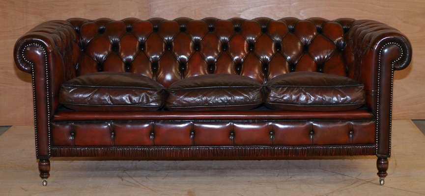 Vintage Oxblood Bordeaux Leather Chesterfield Club Sofa on Turned
