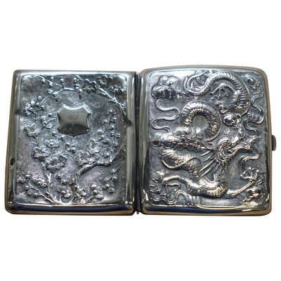 dragon cigarette case Meiji Period Solid Silver Dragon Embossed Cigarette Case with Gold Gilding
