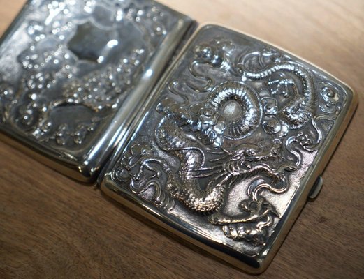 solid silver cigarette box Meiji Period Solid Silver Dragon Embossed Cigarette Case with Gold Gilding  for sale at Pamono