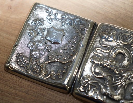 Meiji Period Solid Silver Dragon Embossed Cigarette Case with Gold Gilding