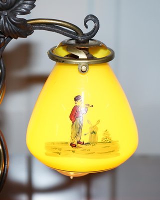 Bronze Bird Wrought Iron Table Lamp with Painted Glass Shade