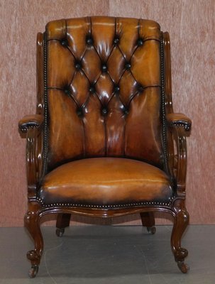 Early Victorian Chesterfield Brown Leather Armchair for sale at Pamono