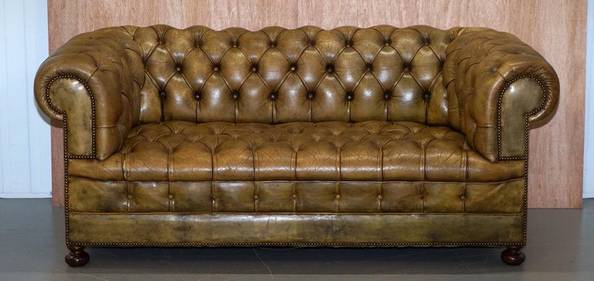 Victorian Green Hand Dyed Leather Chesterfield Sofa