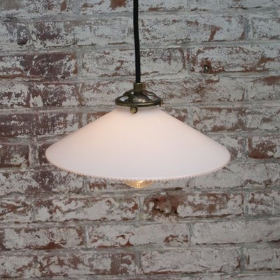 French Brass Pendant Lamp With White, Milk Glass Lampshade