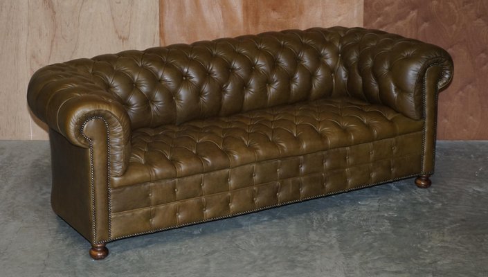 Vintage Chesterfield Olive Green, Tufted Leather Couch Used