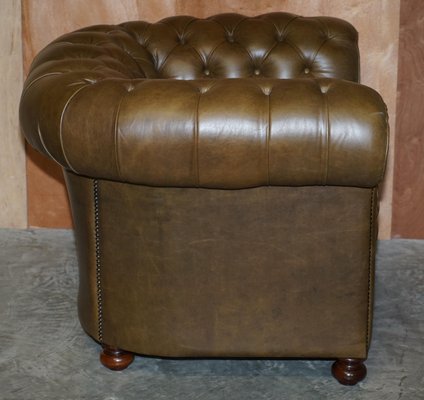 Vintage Chesterfield Olive Green Leather Sofa Armchair Set of 2