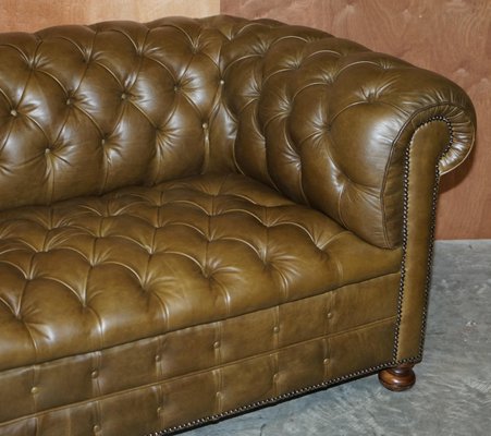 Vintage Chesterfield Olive Green, Leather Sofa And 2 Chairs