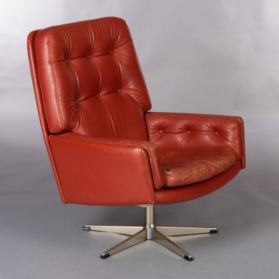 Vintage Danish Red Leather Swivel Chair, Club Chair Leather Swivel