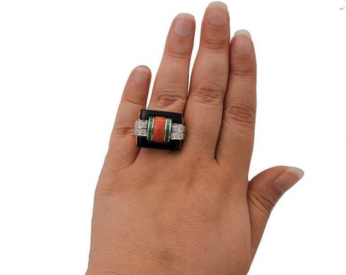 Handcrafted 14 Karat Rose And White Gold Diamond Emerald Coral Onyx Ring For Sale At Pamono