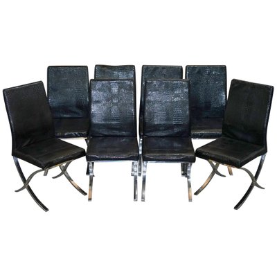 Chrome Black Faux Crocodile Leather, Black Leather And Chrome Dining Chairs
