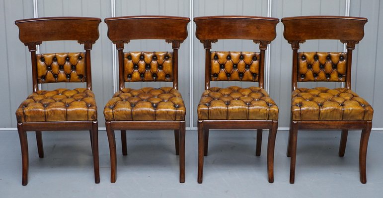 Restored Regency Walnut Brown Leather Chesterfield Dining Chairs