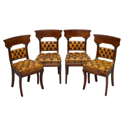 Restored Regency Walnut Brown Leather Chesterfield Dining Chairs Set Of 4 For Sale At Pamono