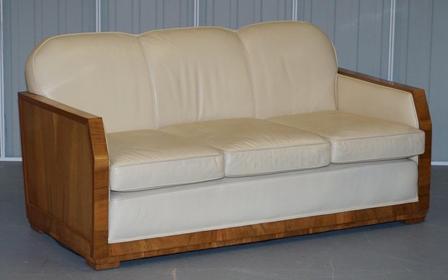 Art Deco Walnut Cream Leather Sofa, Cream Leather And Wood Sofa