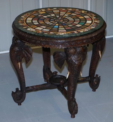 Burmese Hand Carved Elephant Side Table with Pietra Dura Marble