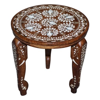 12" WOODEN ROUND Table ELEPHANT FLORAL CARVED DECORATIVE TABLE ORNAMENT  Decor 