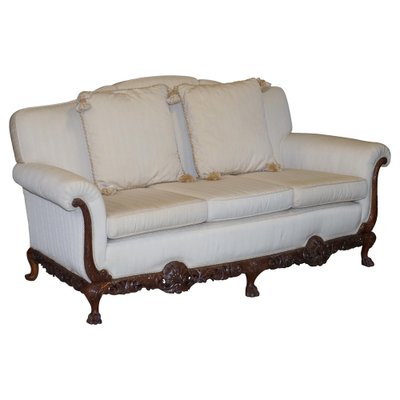 Ornately Carved Walnut 3 Seater Sofa with Lion s Paw Feet for sale