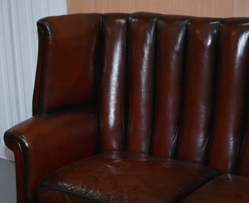 Huge Victorian Brown Leather Barrel, Brown Leather Sofa And Blue Chair Set
